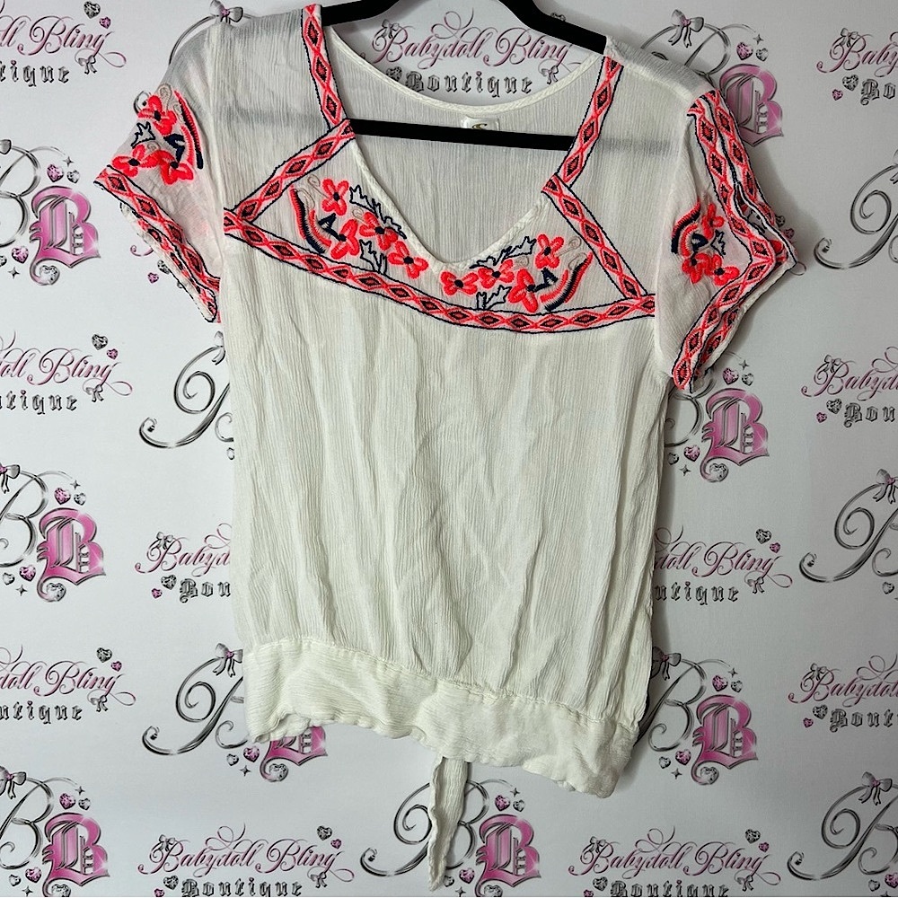 Oβneill tshirt Embroidered White and Pink neon embroidered Aztec tribal Top